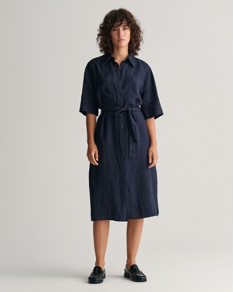 Linen Short Sleeve Shirt Dress Evening Blue / 32