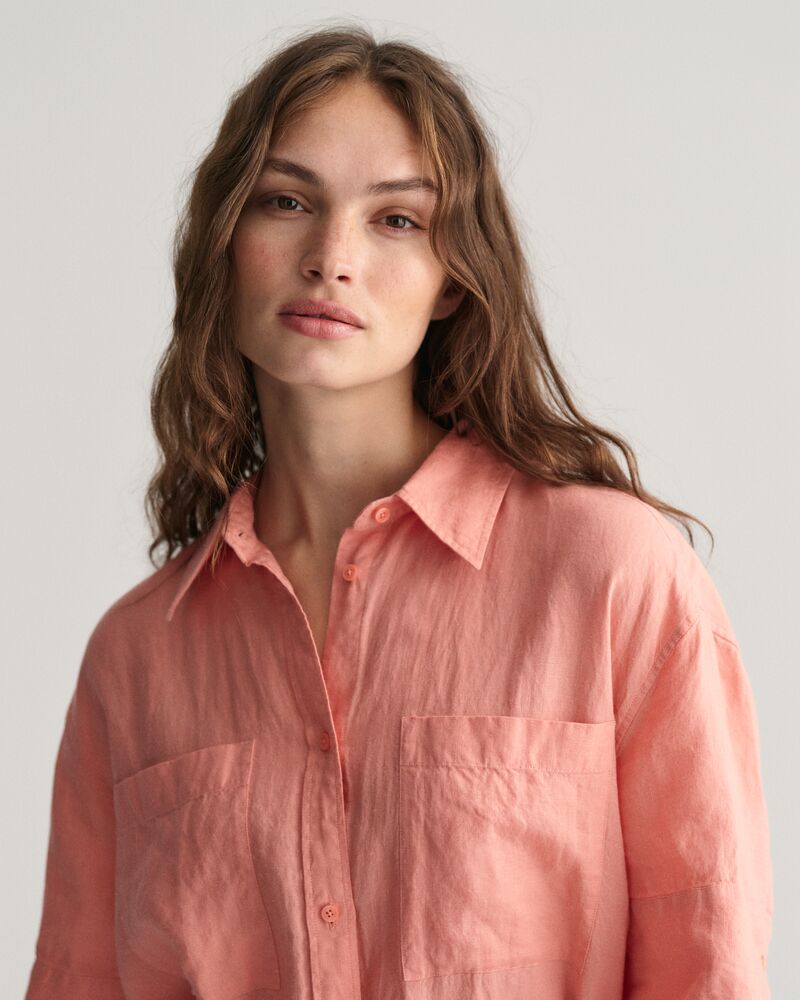 Linen Short Sleeve Shirt Dress Peachy Pink / 32