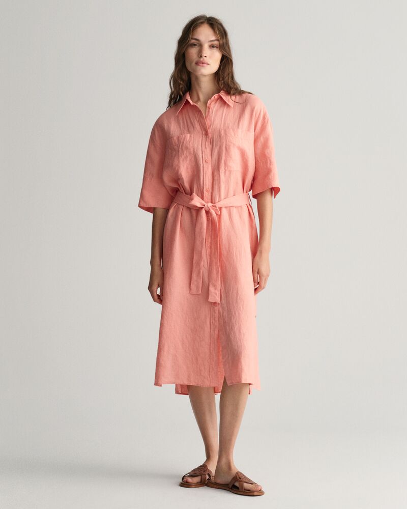 Linen Short Sleeve Shirt Dress Peachy Pink / 32