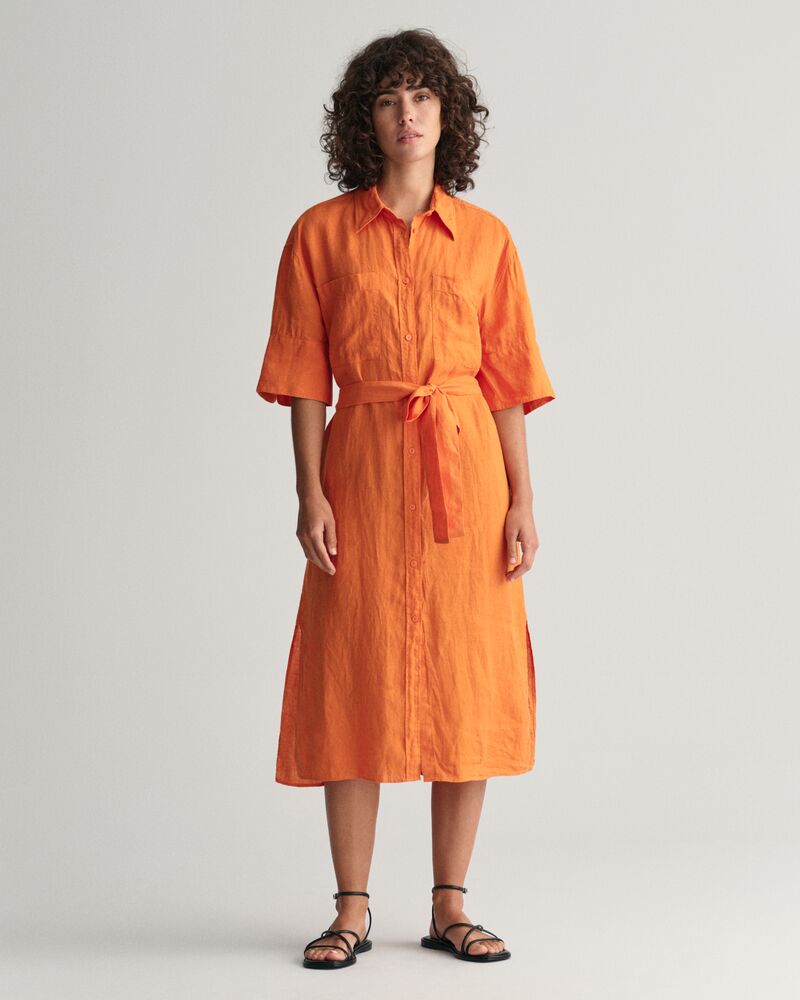 Linen Short Sleeve Shirt Dress Pumpkin Orange / 32