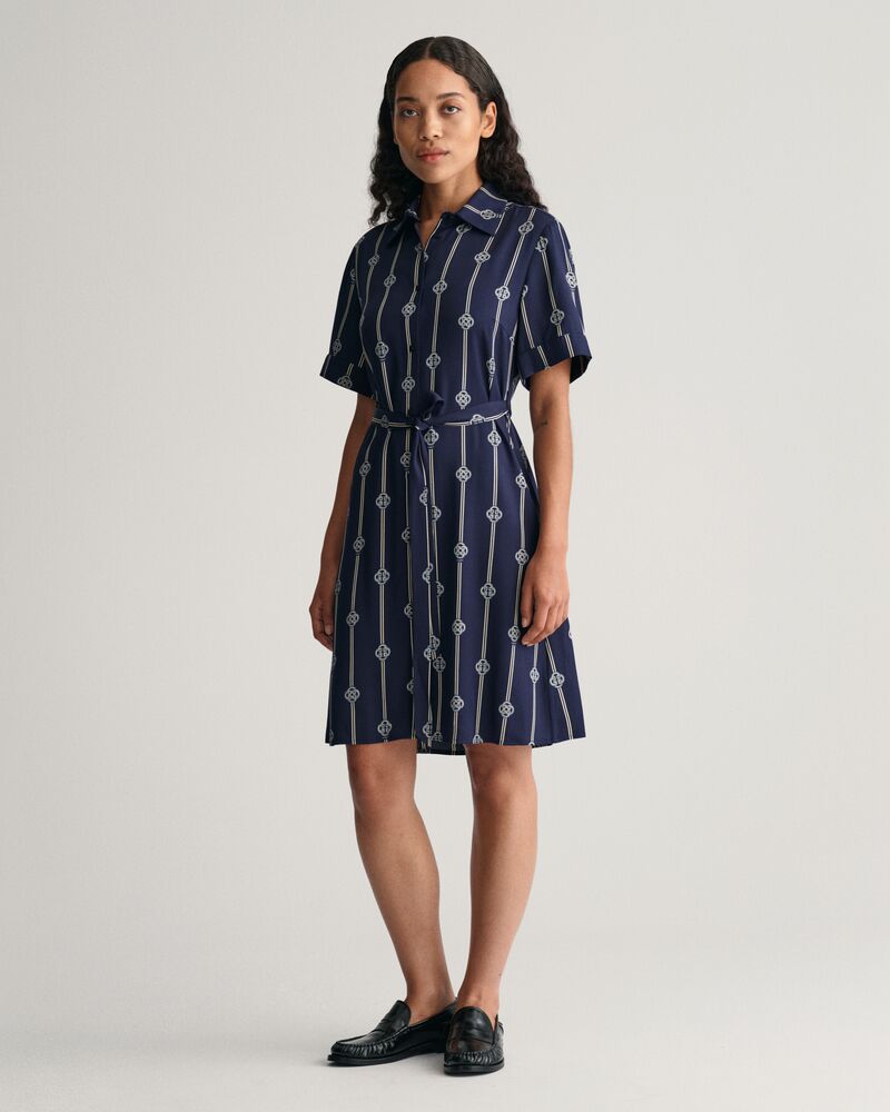 Printed Short Sleeve Shirt Dress Evening Blue / 32