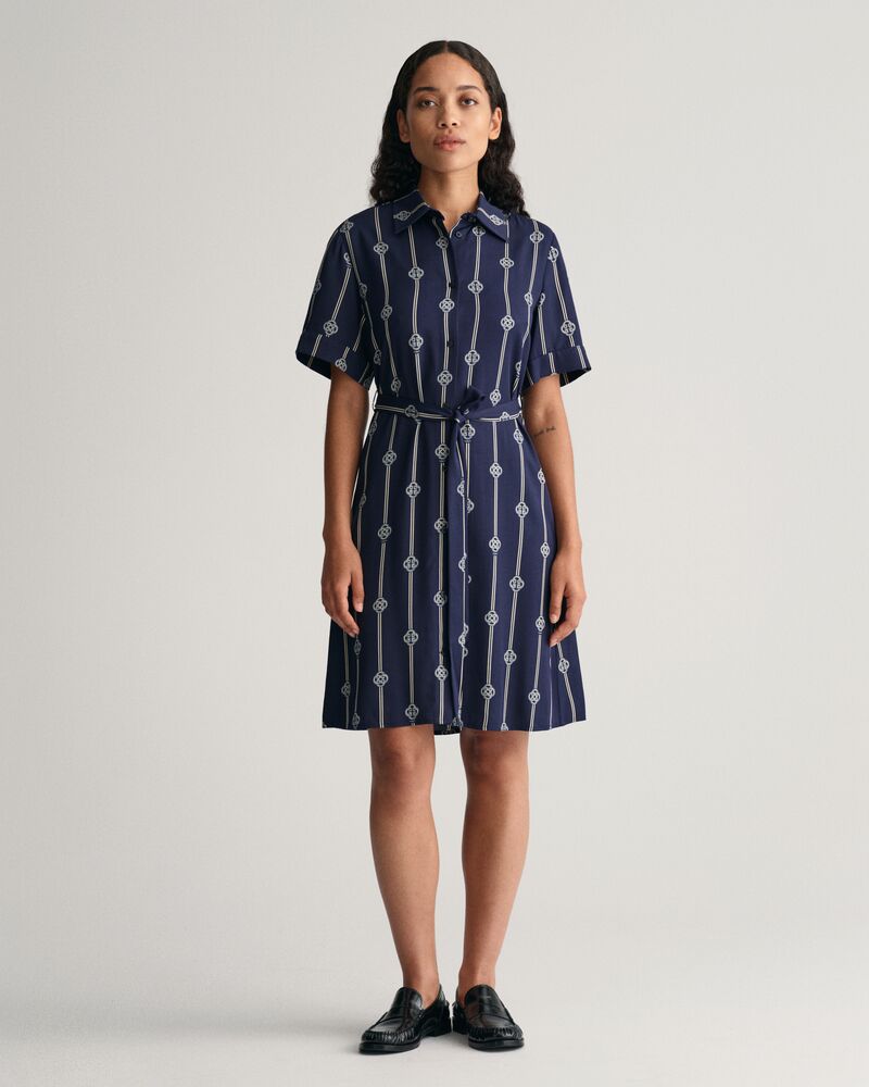 Printed Short Sleeve Shirt Dress Evening Blue / 32