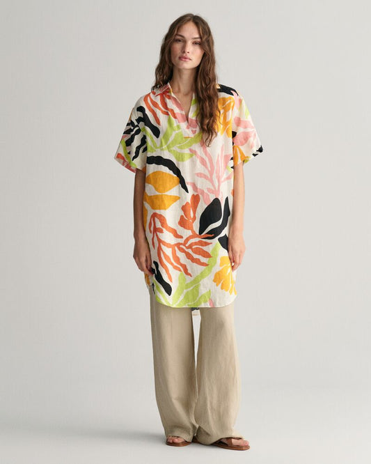 Palm Print Linen Short Sleeve Caftan Medal Yellow / 32