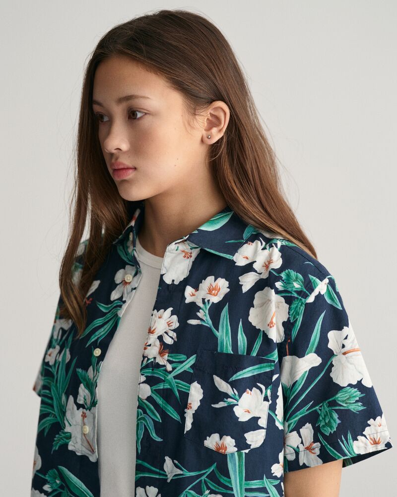 Teens Oleander Print Cotton Short Sleeve Shirt '134/140 / EVENING BLUE