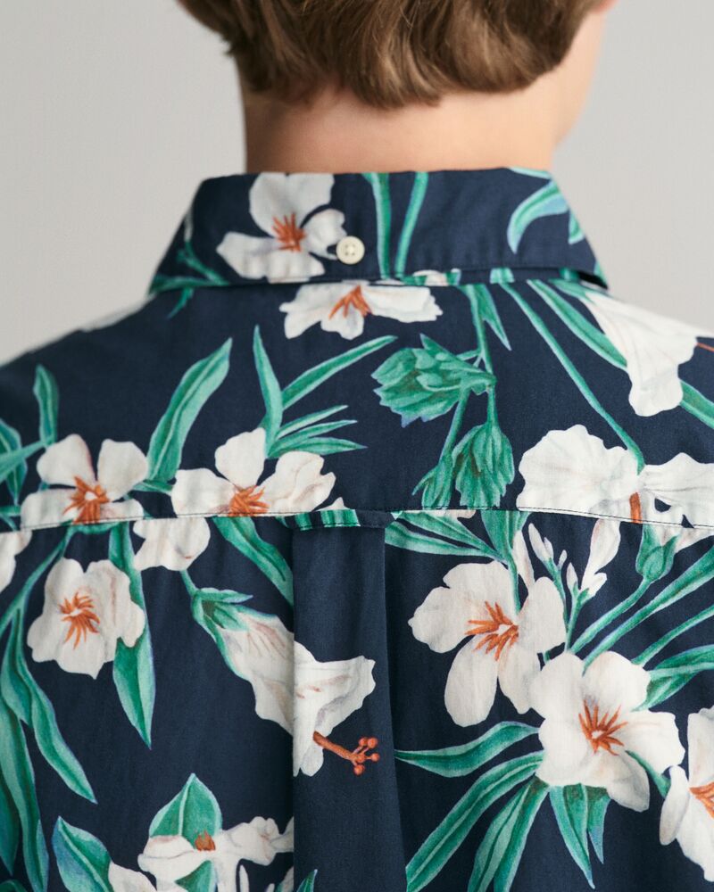 Teens Oleander Print Cotton Short Sleeve Shirt '134/140 / EVENING BLUE