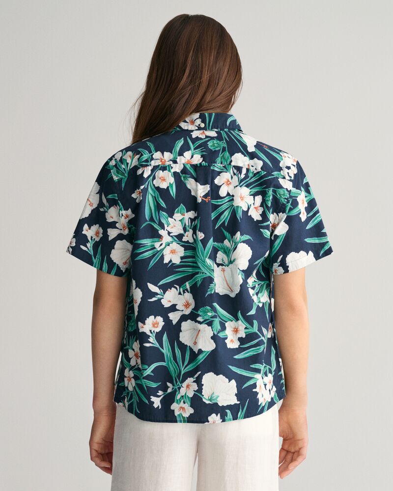 Teens Oleander Print Cotton Short Sleeve Shirt '134/140 / EVENING BLUE