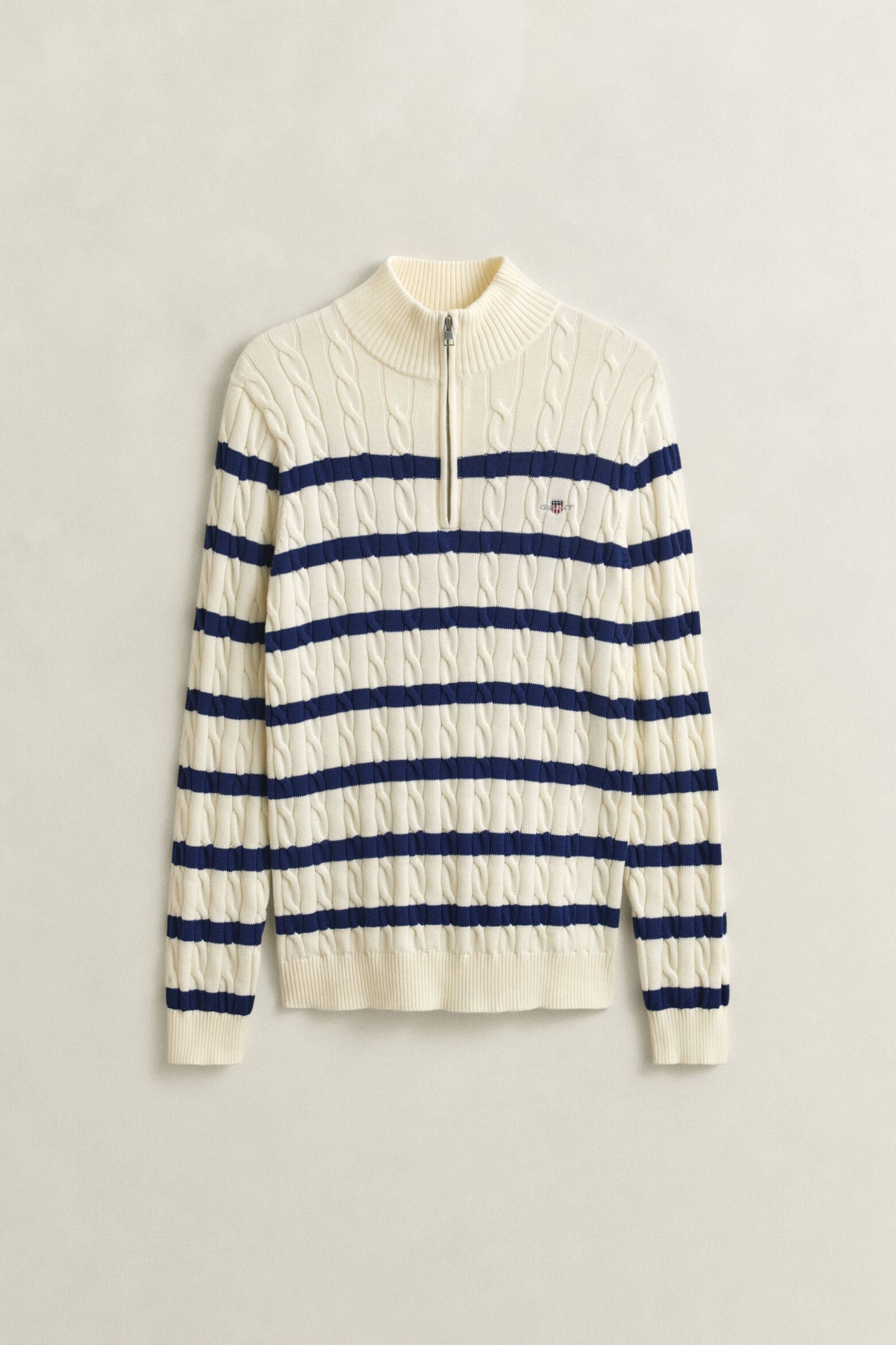 Striped Cotton Cable Half Zip Sweater