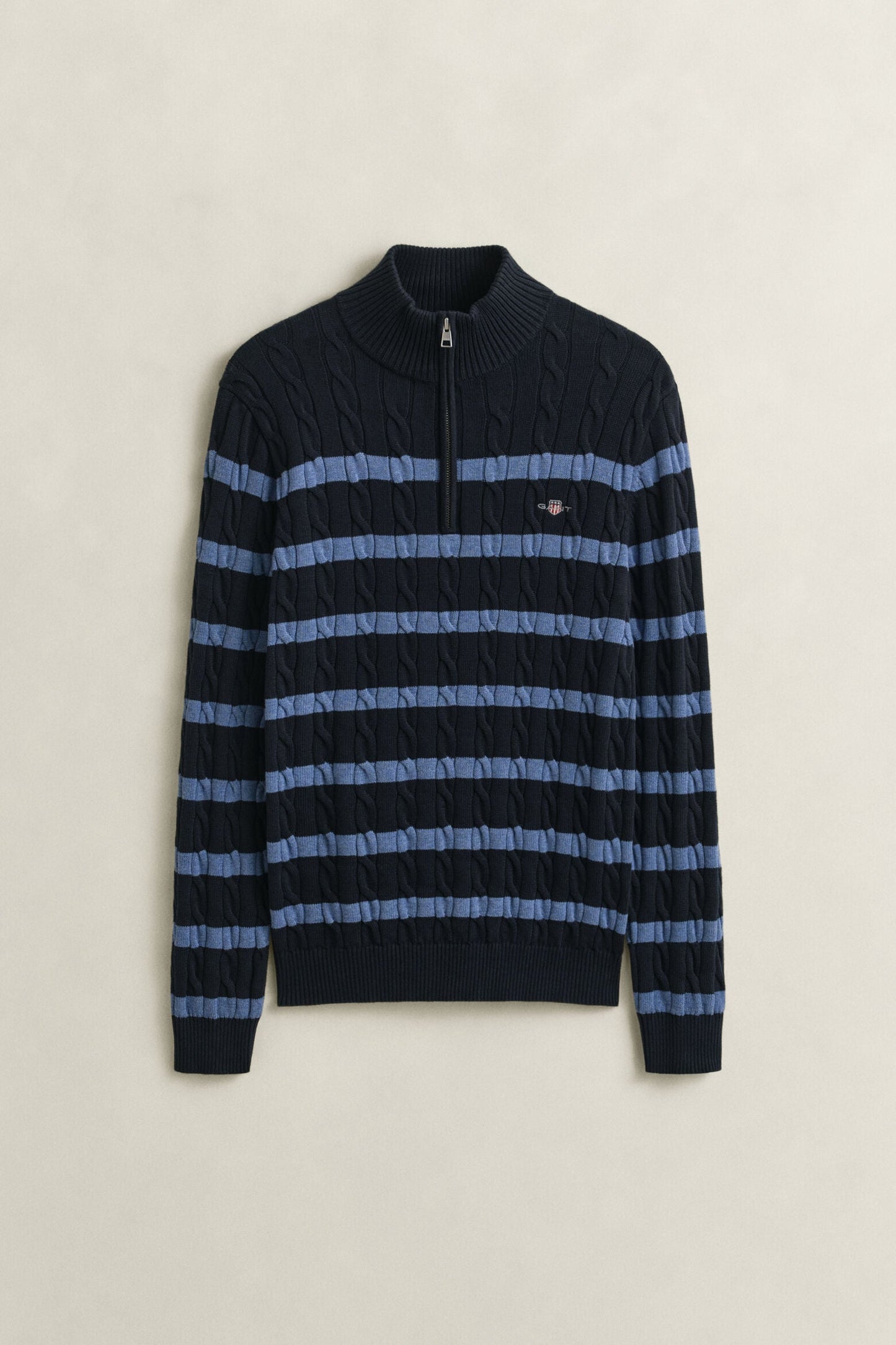 Striped Cotton Cable Half Zip Sweater