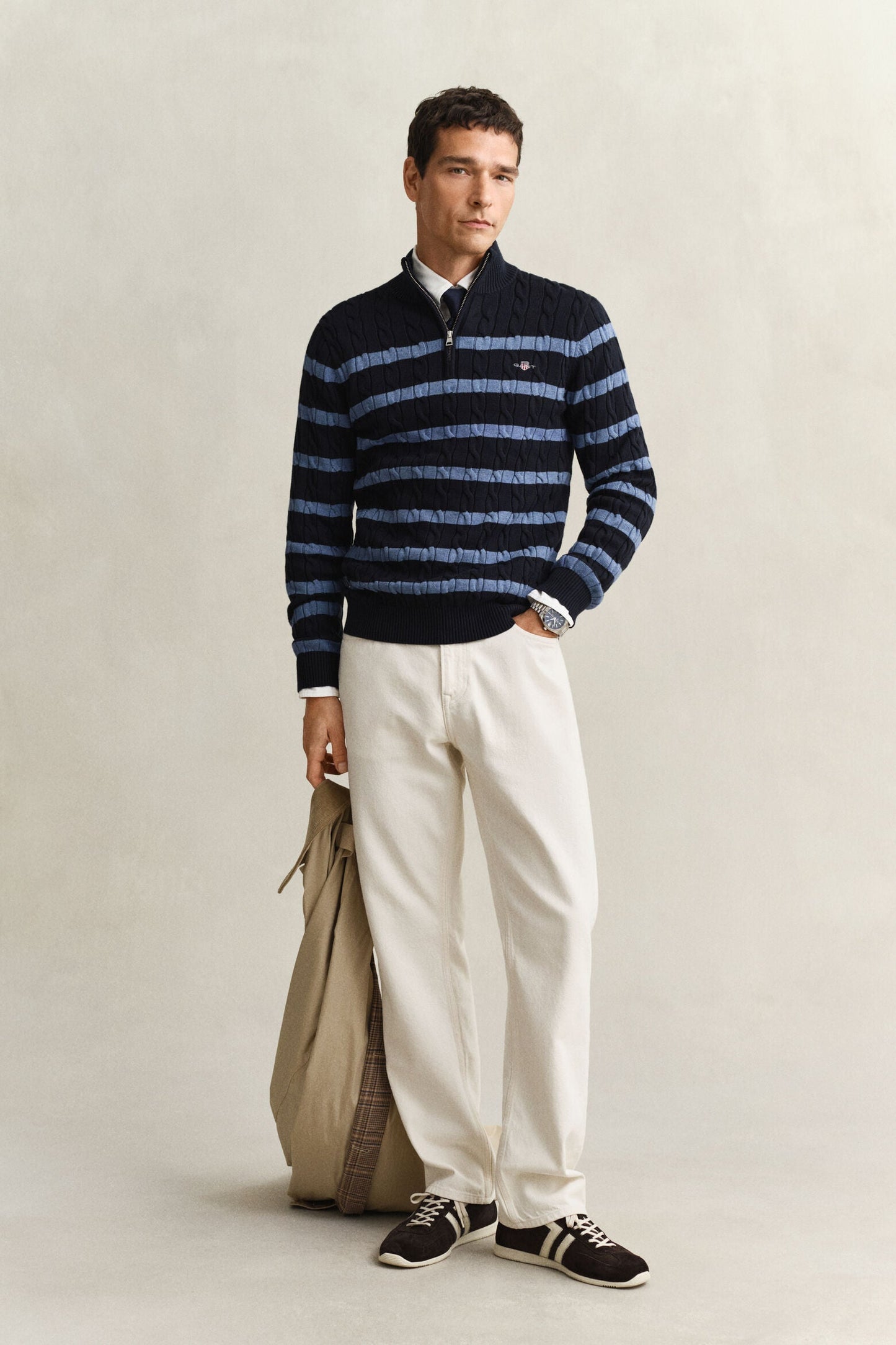 Striped Cotton Cable Half Zip Sweater