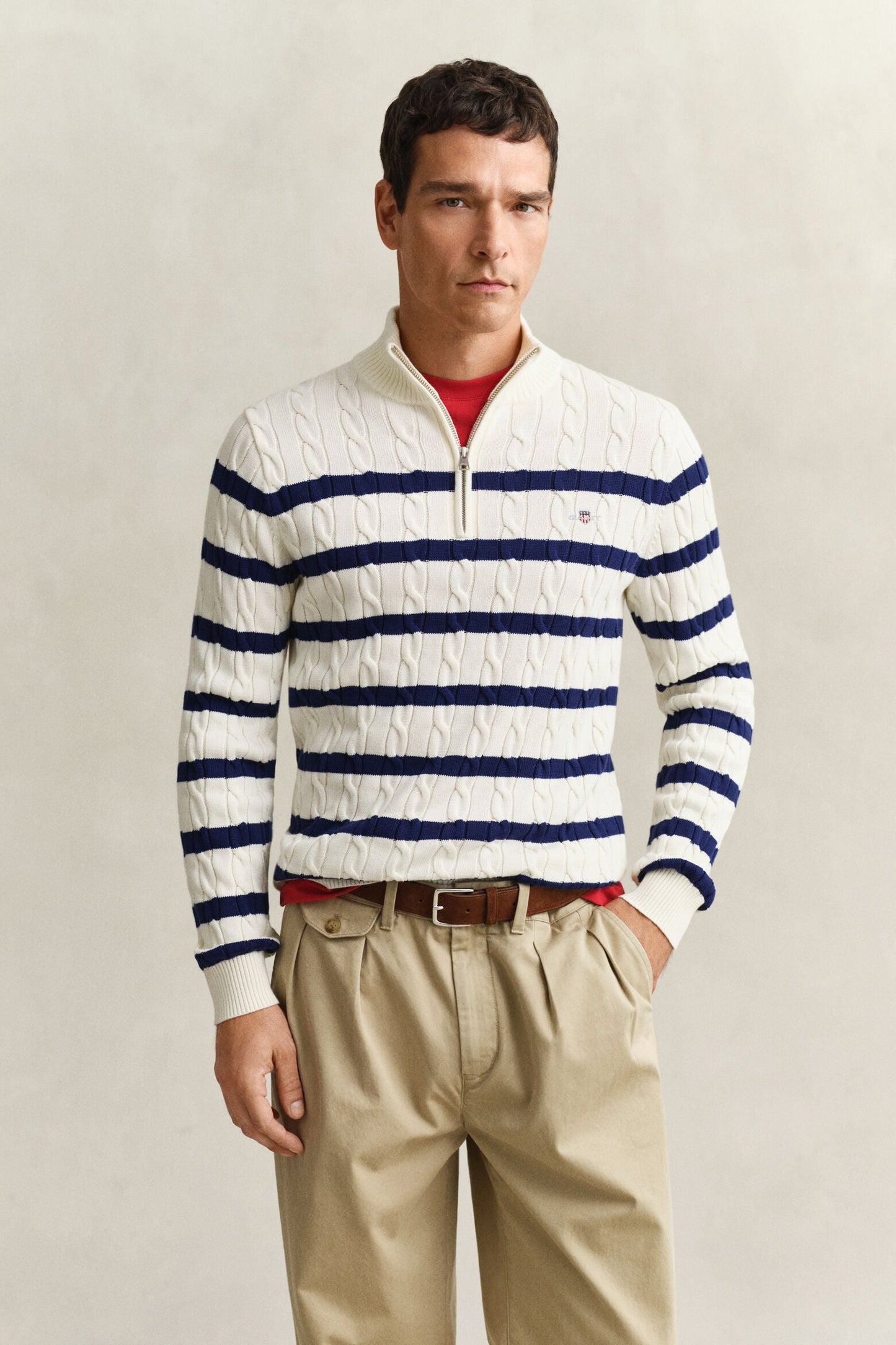 Striped Cotton Cable Half Zip Sweater