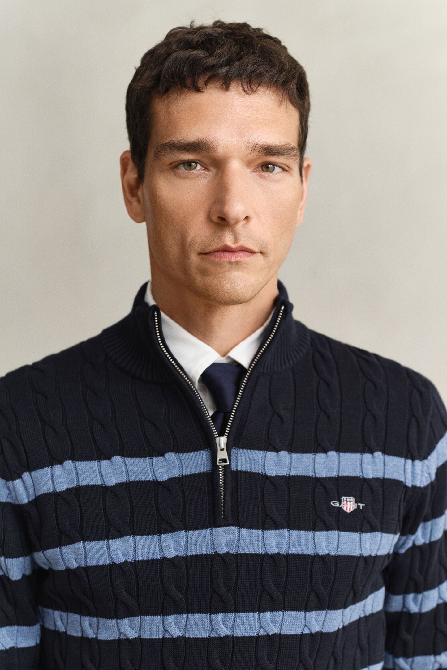 Striped Cotton Cable Half Zip Sweater