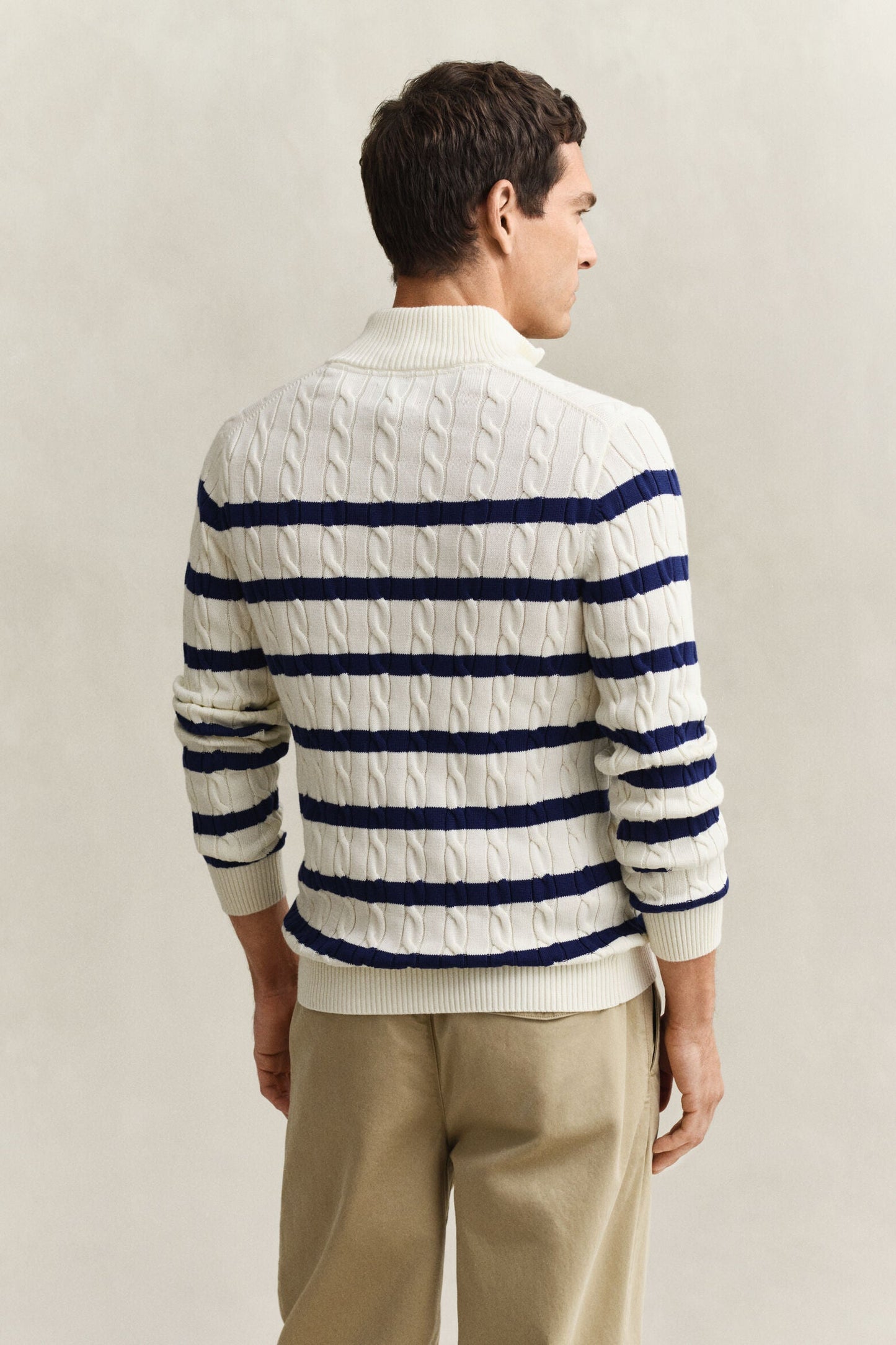 Striped Cotton Cable Half Zip Sweater