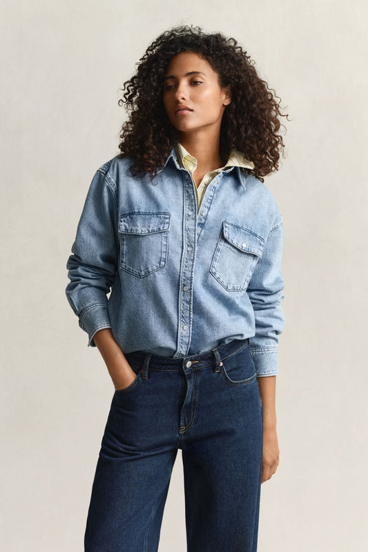 Relaxed Fit Denim Pocket Long Sleeve Shirt