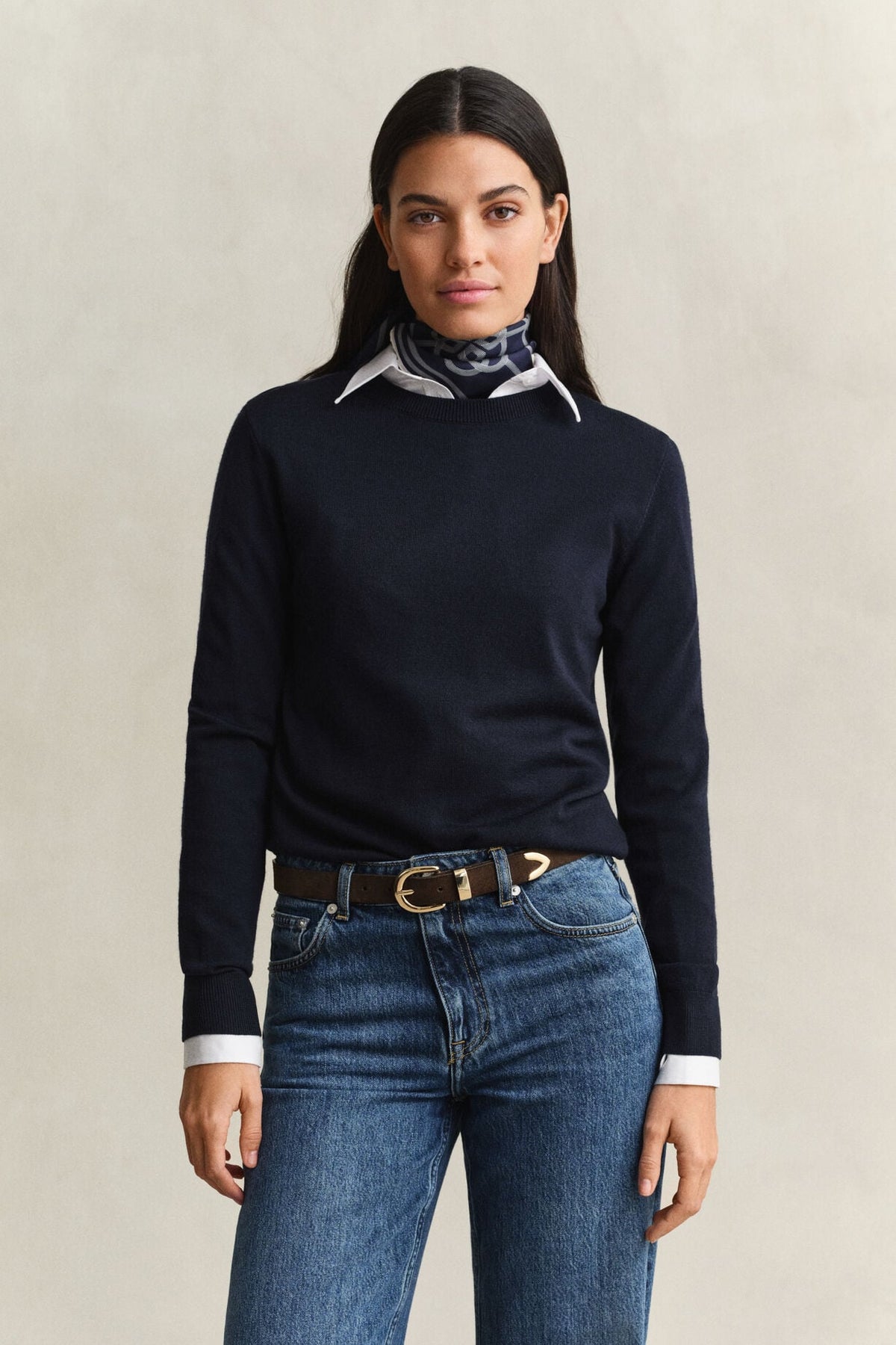 GANT Extrafine Merino Wool Crew Neck – Evening Blue – on model, front view