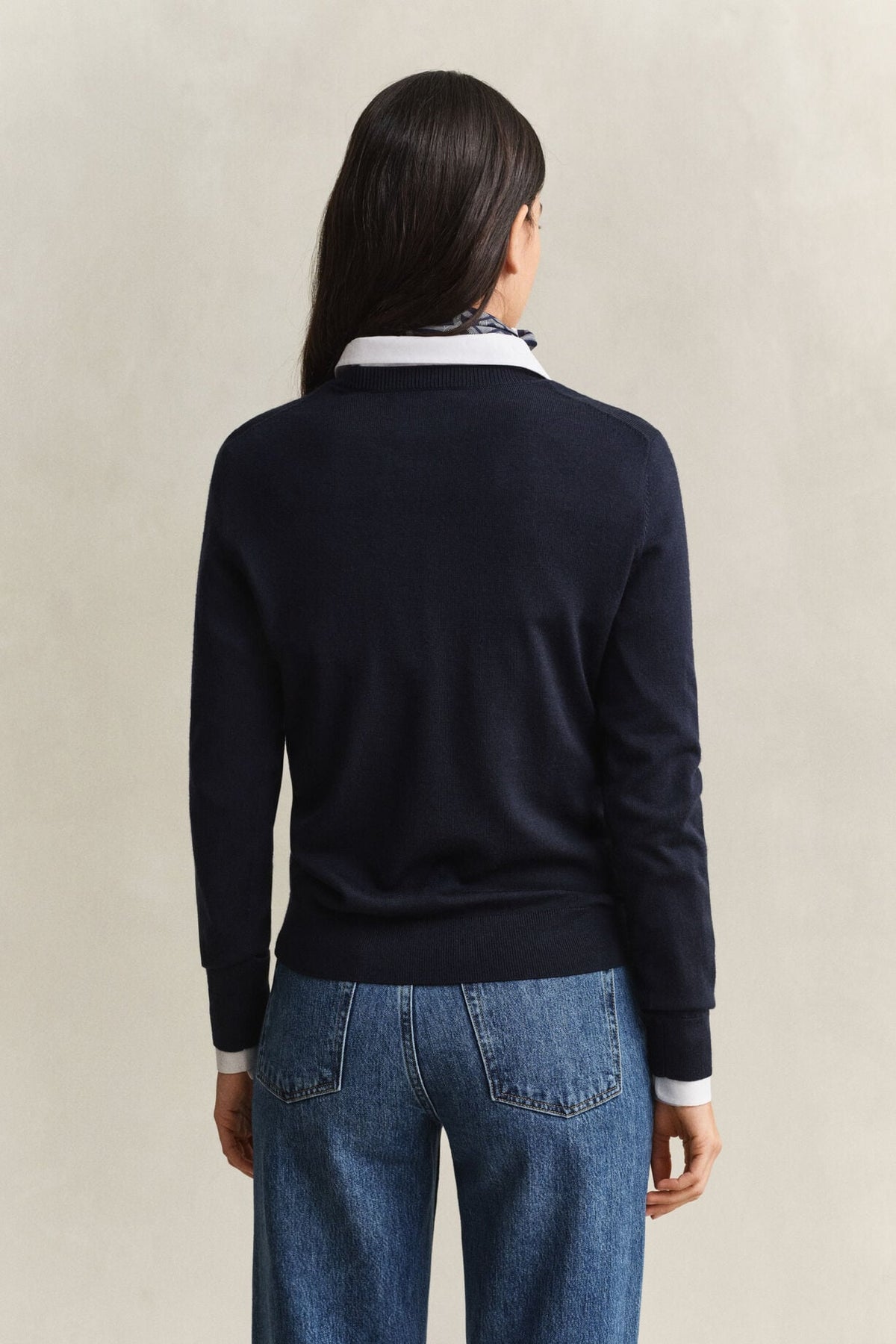 GANT Extrafine Merino Wool Crew Neck – Evening Blue – on model, back view