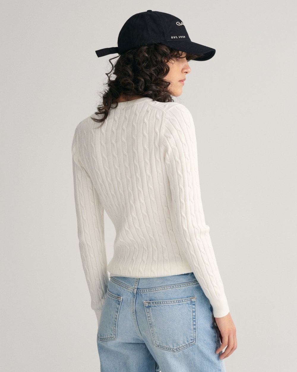 Stretch Cotton Cable Knit Crew Neck Sweater