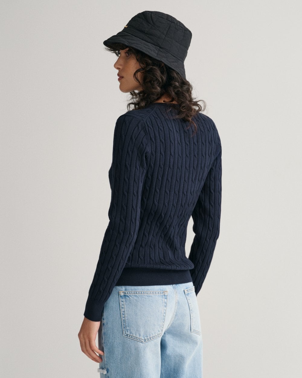 Stretch Cotton Cable Knit Crew Neck Sweater