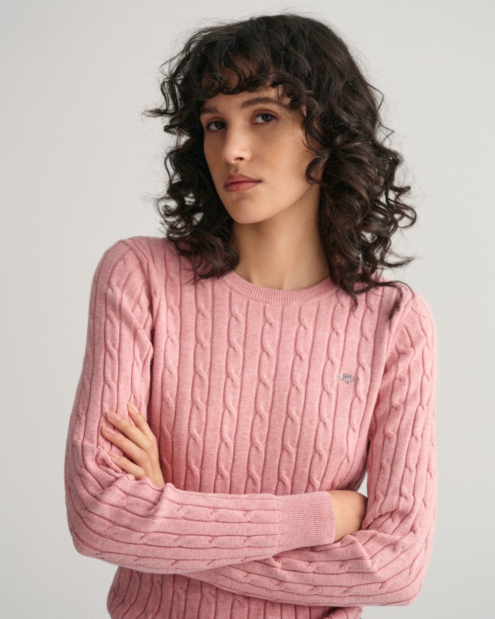 Stretch Cotton Cable Knit Crew Neck Sweater